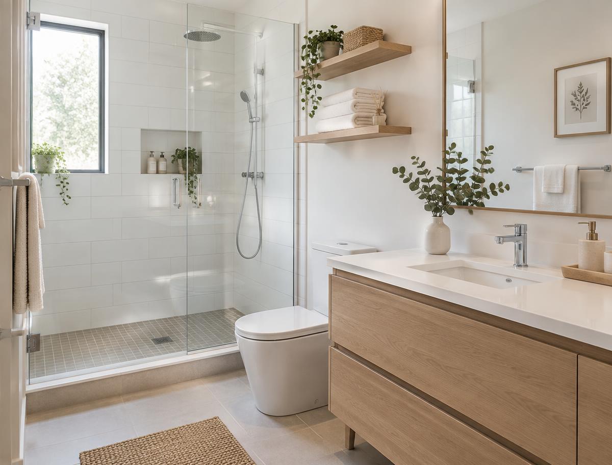 Clean bathroom with shining white tiles, a spotless basin and a streak-free mirror