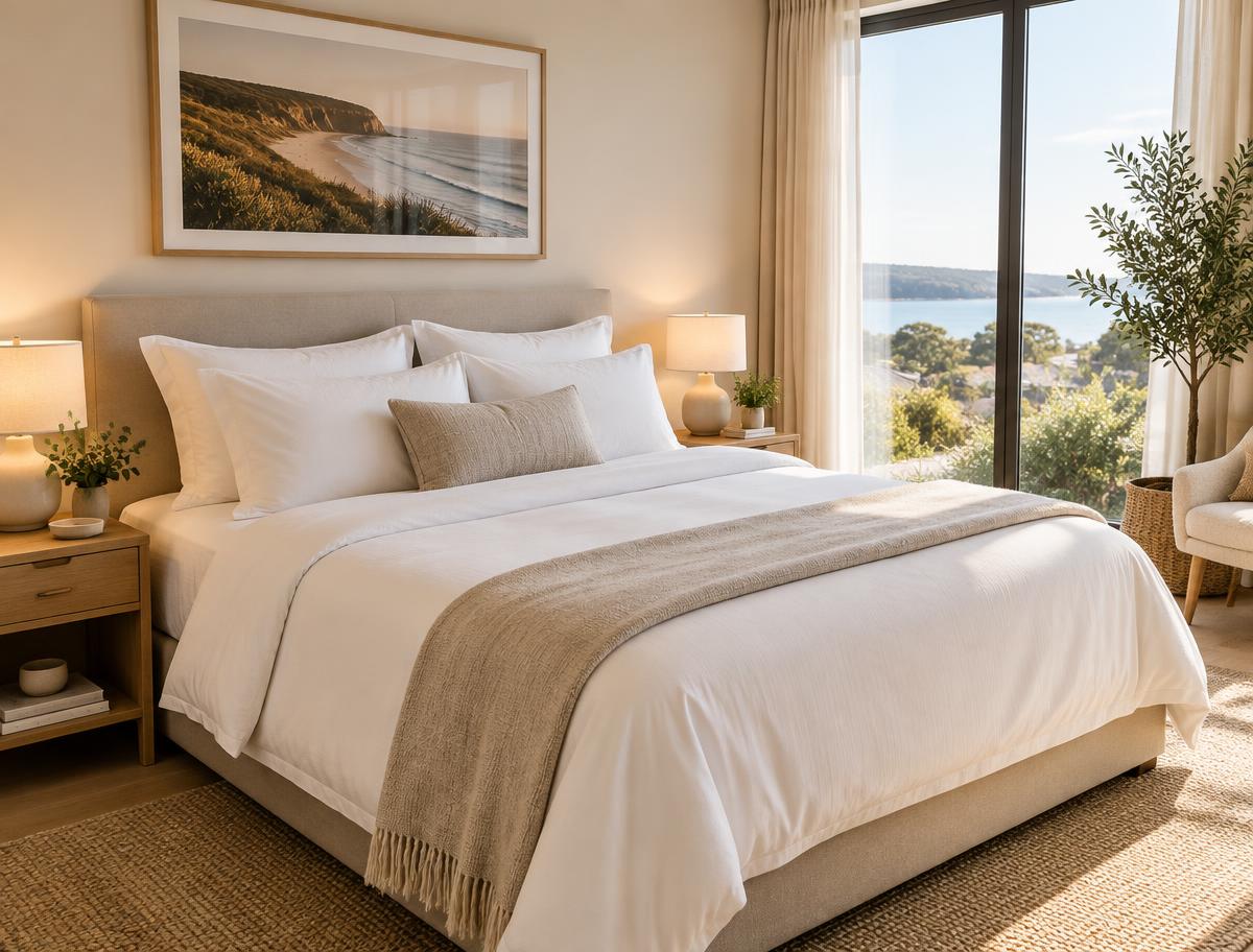 Holiday rental bedroom reset for new guests, with a crisply made bed, fresh white linen and folded towels