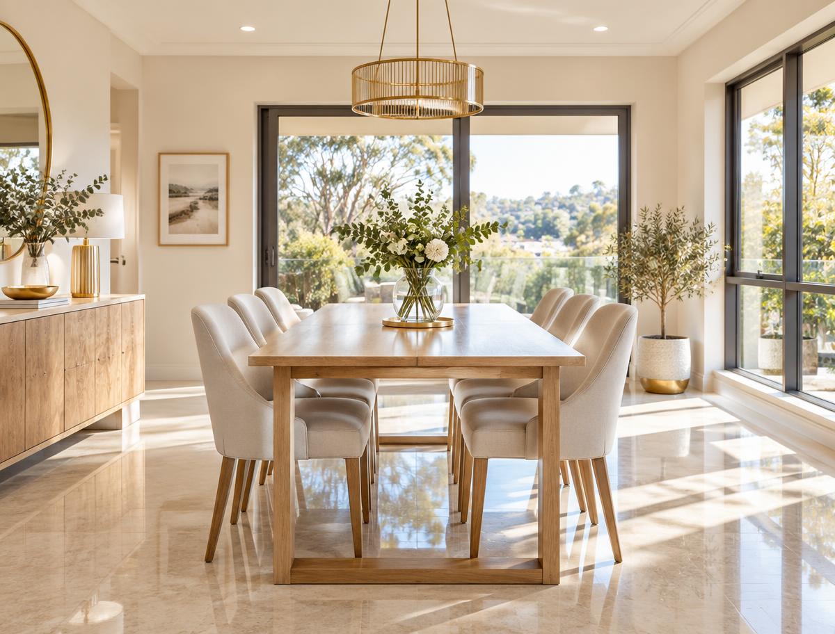 Empty, freshly cleaned dining room with wiped table and chairs and clean floors, ready for the next tenants