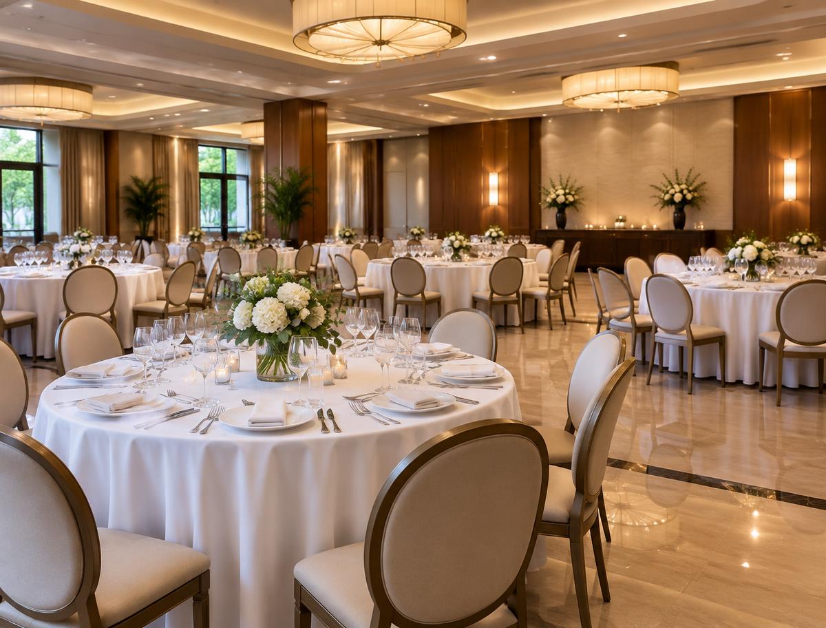 Function room cleaned and set for an event, with tidy tables, clean tablecloths and polished floors