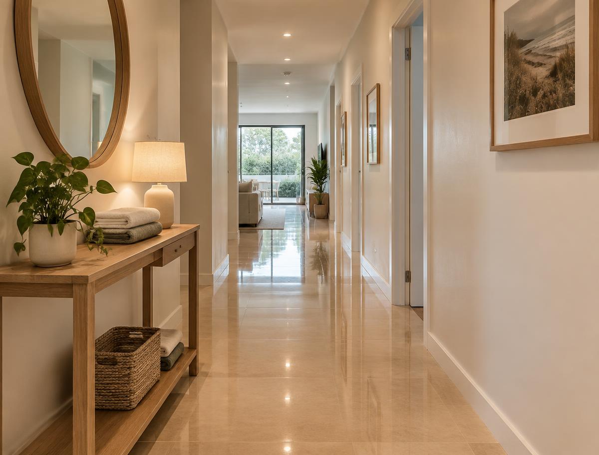 Clean, clutter-free hallway with polished floors and fresh natural light