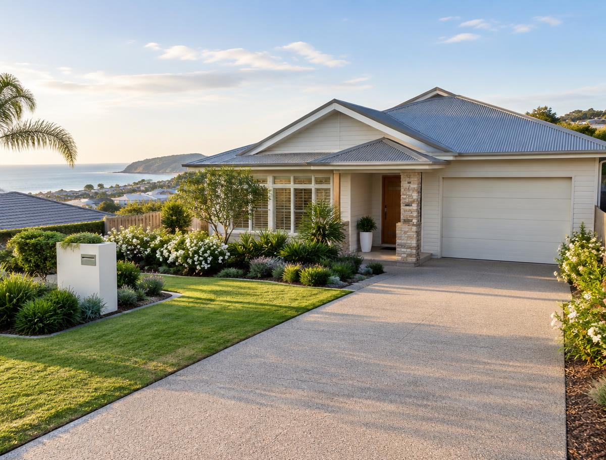 Front of a neat single-storey Australian family home with a tidy garden, clean windows and a swept path in warm afternoon light