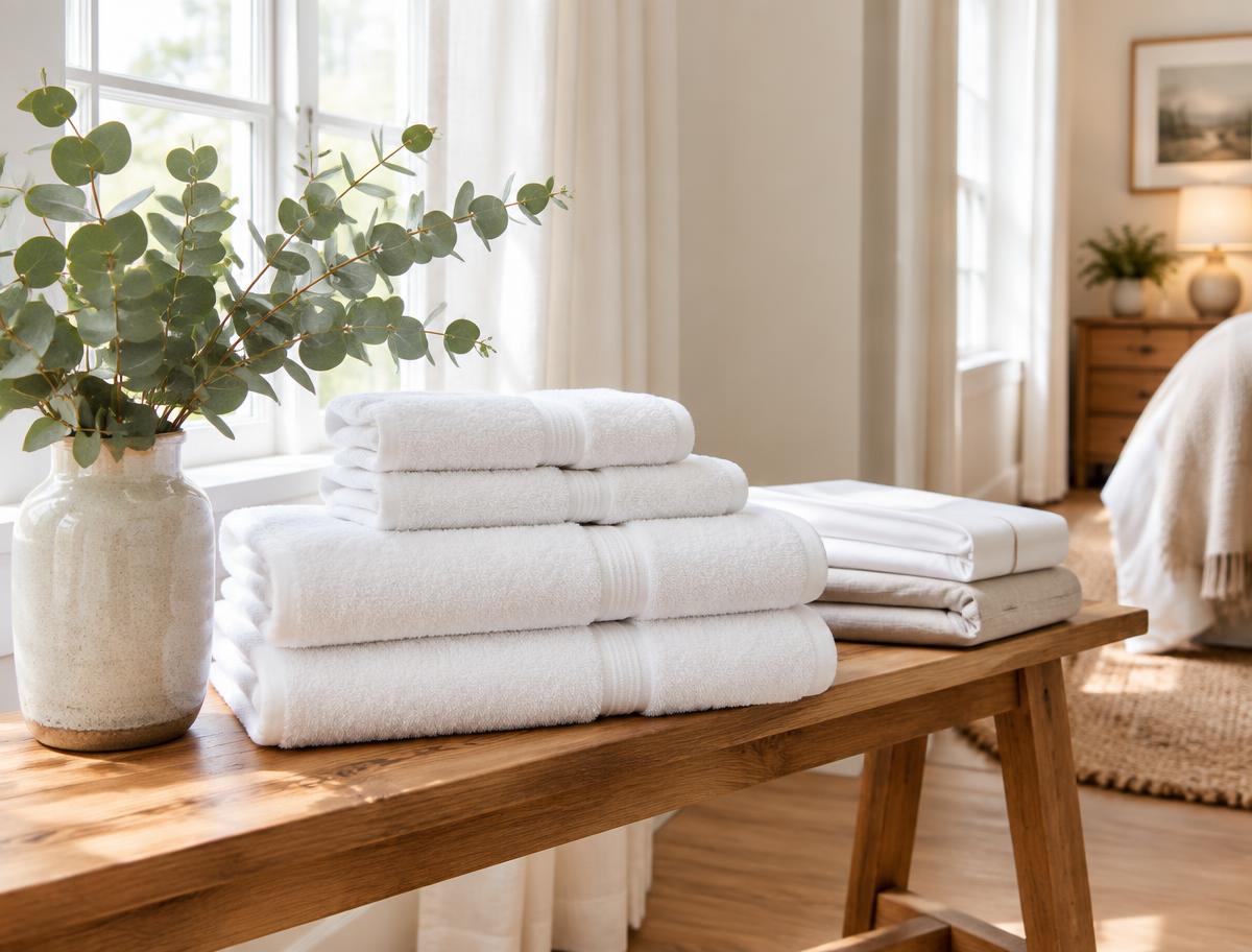 Stack of freshly folded towels and linen on a bed in a bright, tidy home