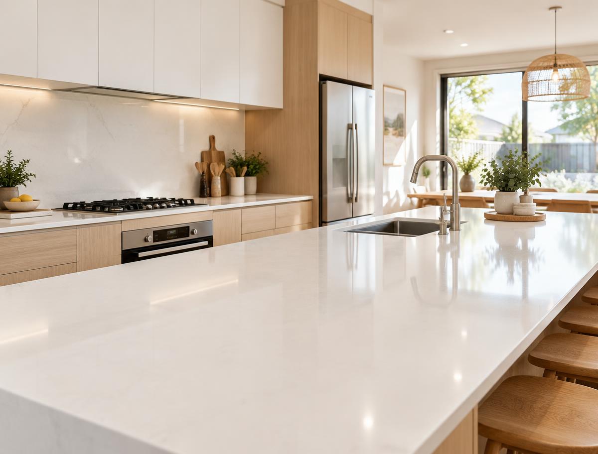 Deep-cleaned modern kitchen with gleaming benchtops, spotless cupboard fronts and a shining sink