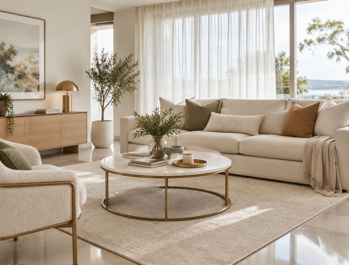 Bright living room after a regular clean, with a neat sofa, plumped cushions and a clear, dust-free coffee table