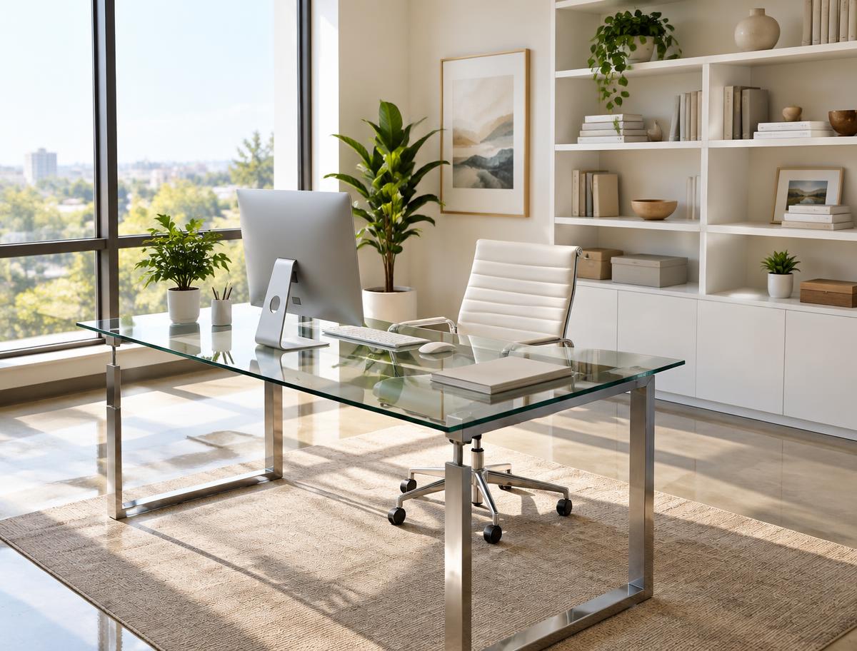 Clean office with clear, wiped-down desks, tidy chairs and vacuumed carpet