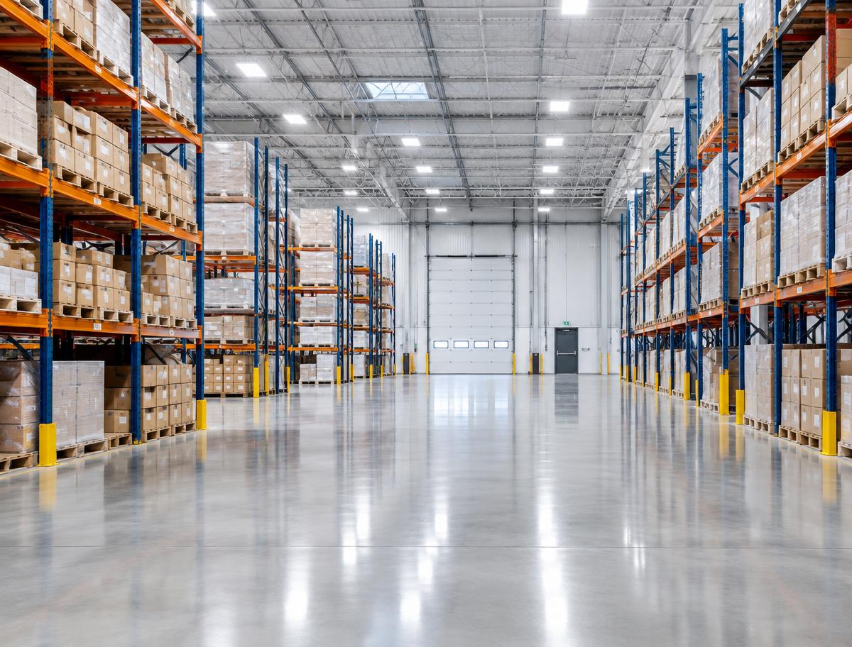 Large warehouse with swept, polished concrete floors and neatly organised shelving