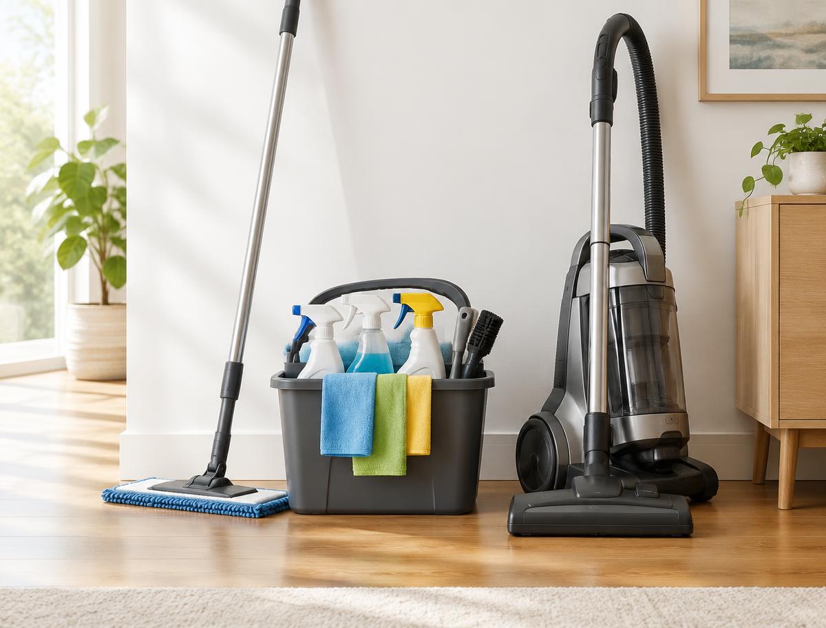 Cleaning equipment ready for a job: a caddy of spray bottles and microfibre cloths, a mop and a vacuum cleaner against a bright wall