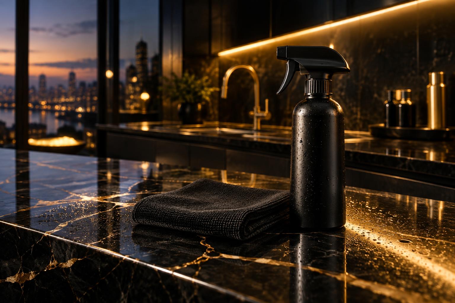 A sparkling clean luxury kitchen benchtop with gold accents, fresh from a Sadie's Cleaning visit